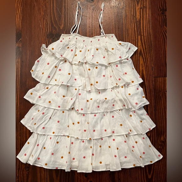 OLIVACEIOUS Ruffled Tiered White Gold Dots Mini Dress - Picture 2 of 4